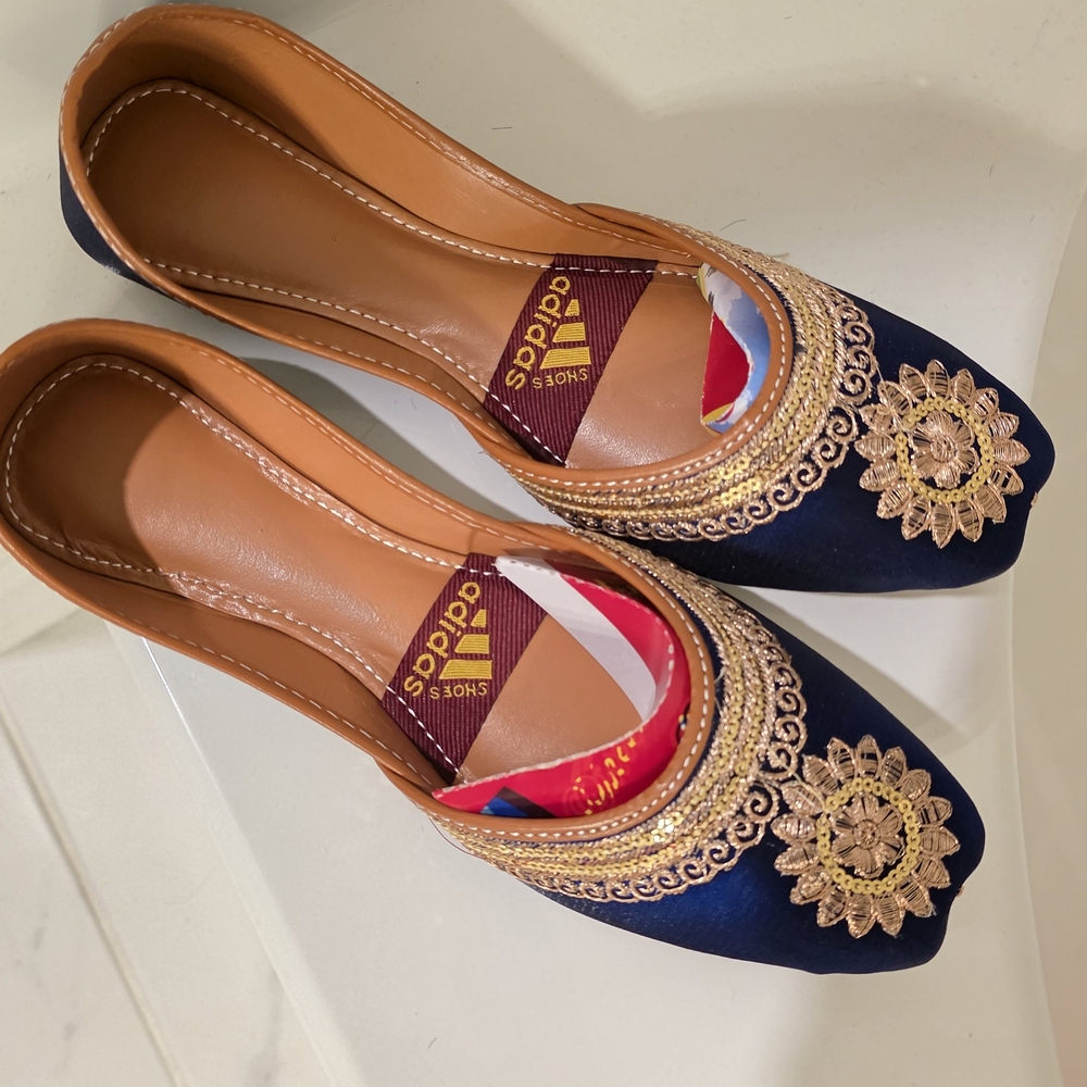 Women's Blue and Gold Flats- Punjabi Pakistani Indian Jutti Khussa Shoes